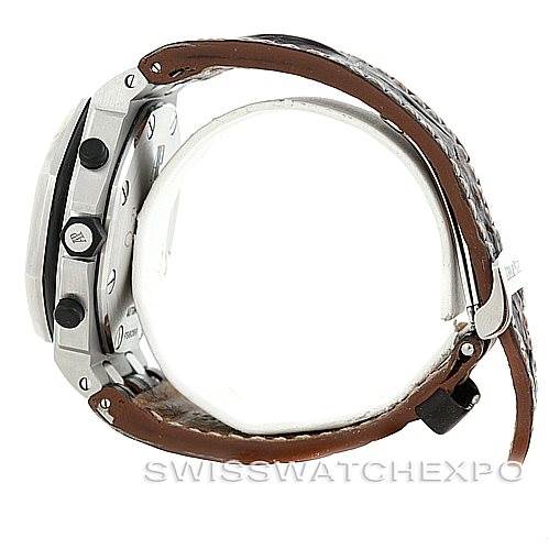 The image shows the right side of the Audemars Piguet Royal Oak Offshore 26020ST.00.D001IN.02 Men's Stainless Steel White Dial 26020ST.00.D001IN.02 Men's Stainless Steel White Dial watch, highlighting the crown, pushers, and part of the leather strap.