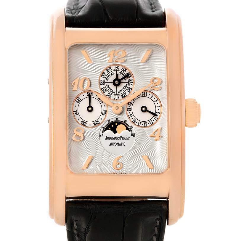 This image shows a front view of a Vintage Audemars Piguet watch, highlighting its rectangular face and multiple sub-dials.