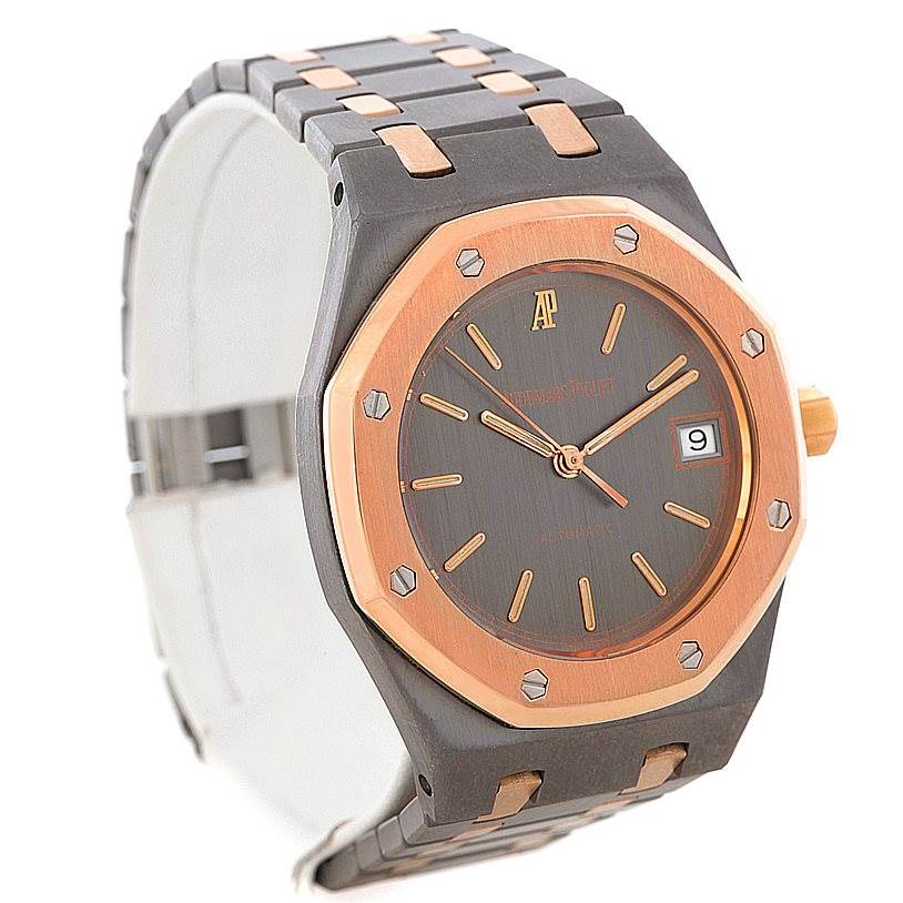 This image shows a front side view of the Audemars Piguet Royal Oak Men's Rose Gold Black Dial Men's Rose Gold Black Dial watch, highlighting the face, bezel, and part of the band.