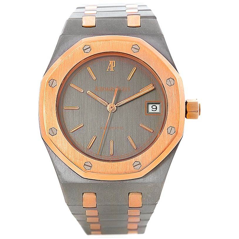 This image shows a front view of the Royal Oak watch by Audemars Piguet, displaying the dial, bezel, crown, and bracelet.