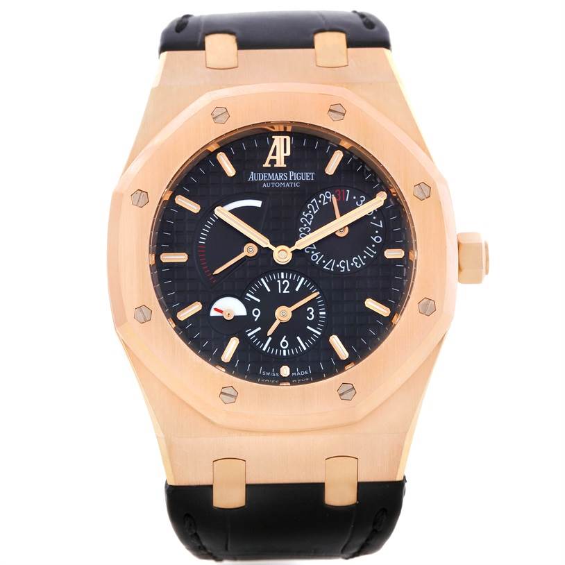 This is a front view of an Audemars Piguet Royal Oak 26120OR.00.D002CR.01 Men's Rose Gold Black Dial 26120OR.00.D002CR.01 Men's Rose Gold Black Dial watch, showing the dial, case, and part of the strap.