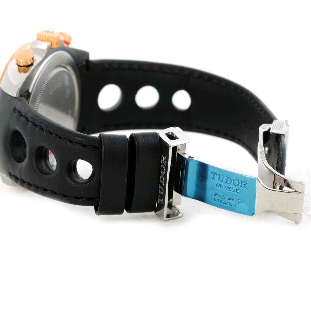 The image shows the side and back of the Tudor Grantour 20551N Men's Steel and Gold (two tone) Black Dial 20551N Men's Steel and Gold (two tone) Black Dial watch, highlighting the strap, clasp, and case back.