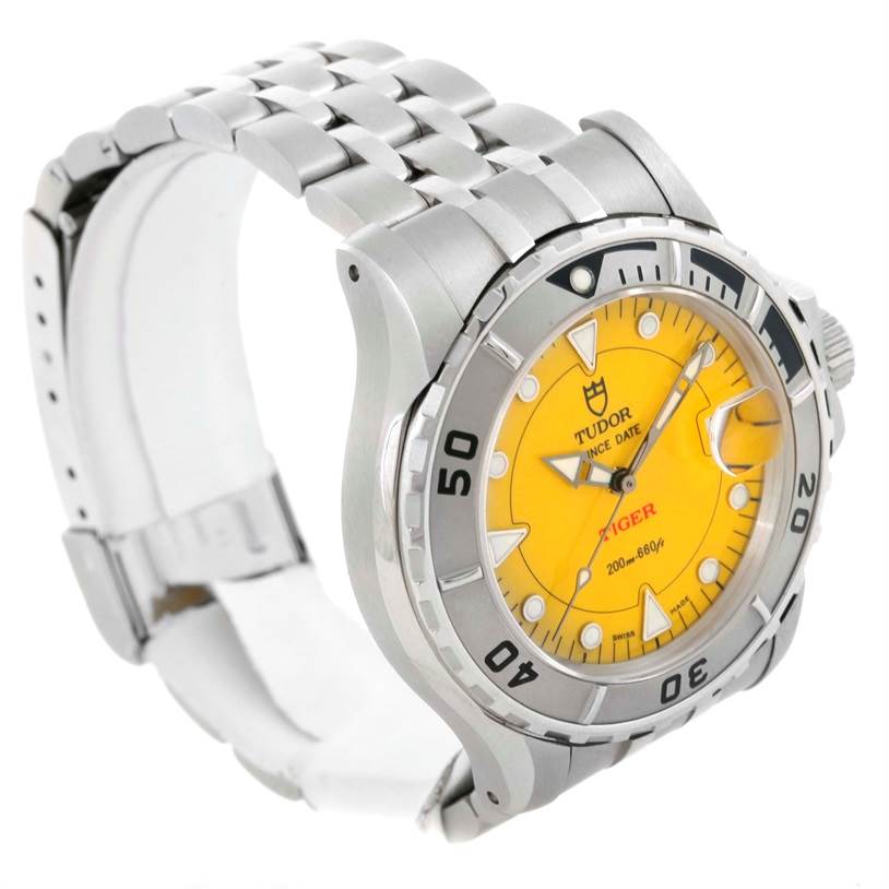 The Tudor Hydronaut 89190 Men
s Stainless Steel Yellow Dial 89190 Men
s Stainless Steel Yellow Dial watch is shown at an oblique angle, highlighting its yellow dial, bezel, and metal bracelet.