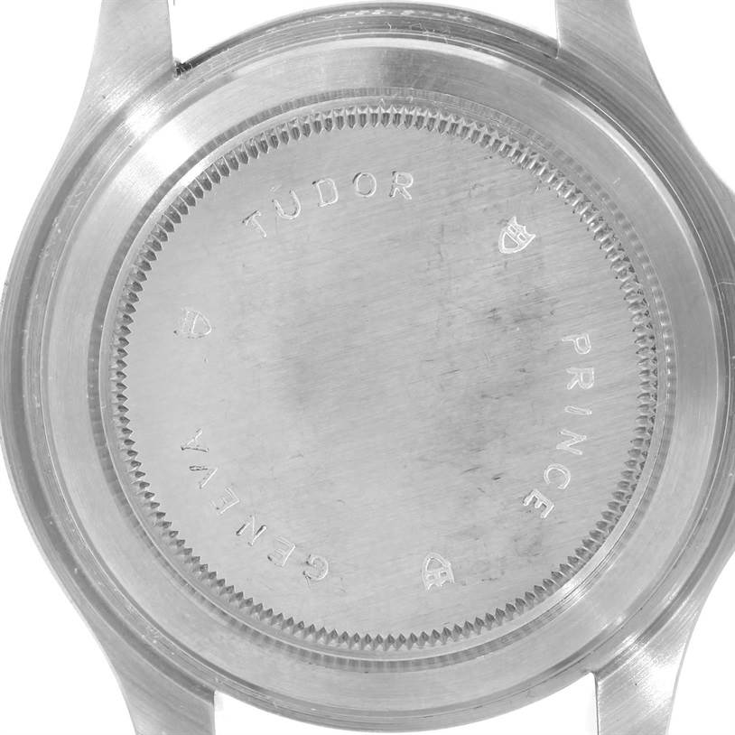 This image shows the back case of a Tudor Hydronaut 89190 Men
s Stainless Steel Yellow Dial 89190 Men
s Stainless Steel Yellow Dial watch from a close-up, straight-on angle.