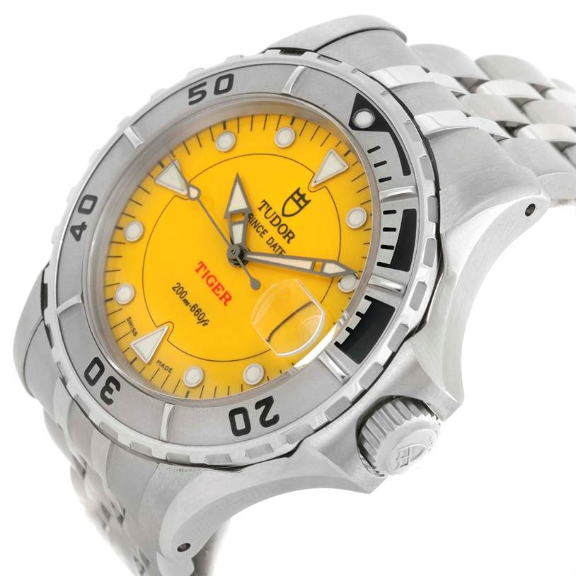The image shows a Tudor Hydronaut 89190 Men
s Stainless Steel Yellow Dial 89190 Men
s Stainless Steel Yellow Dial watch from an angled side view, highlighting the yellow dial, bezel, and bracelet.