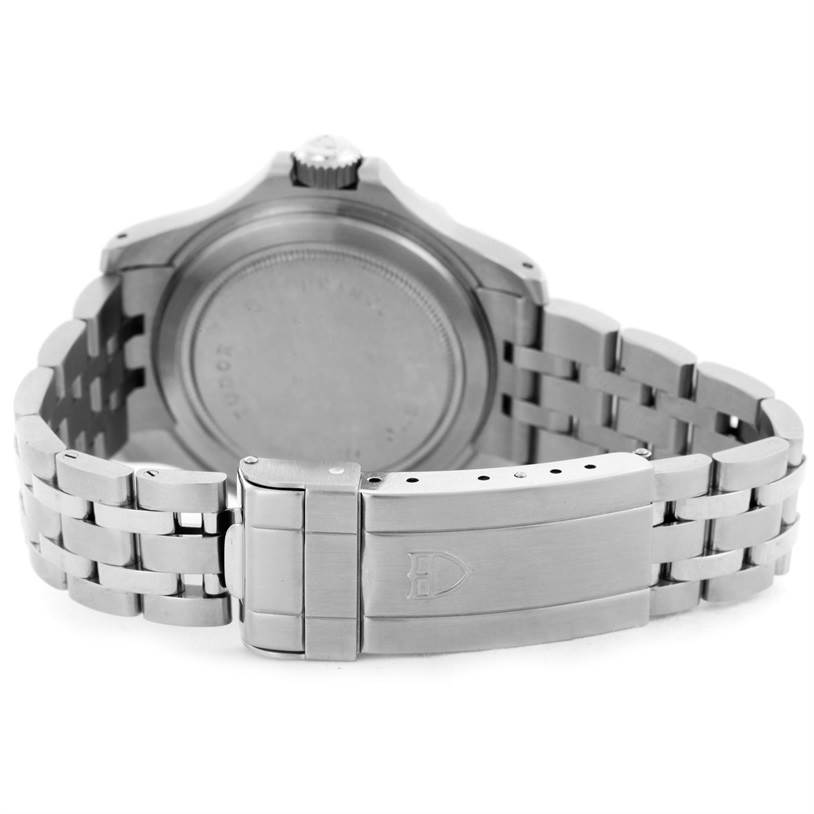 The image shows the back case, bracelet, and clasp of a Tudor Hydronaut 89190 Men
s Stainless Steel Yellow Dial 89190 Men
s Stainless Steel Yellow Dial watch from a rear angle.