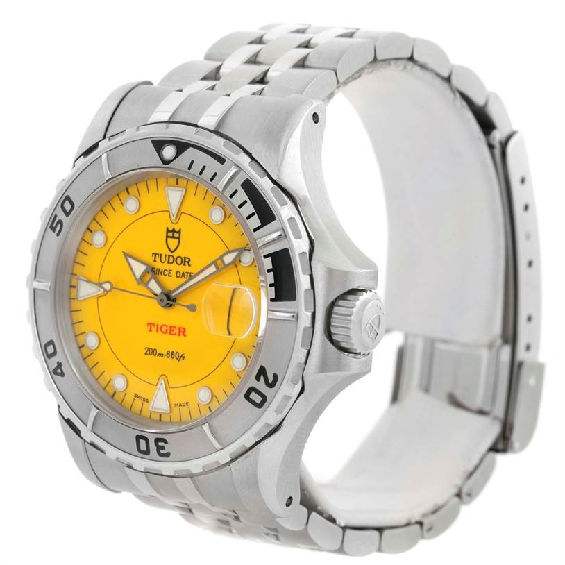 The image shows a side and partial front view of a Tudor Hydronaut 89190 Men
s Stainless Steel Yellow Dial 89190 Men
s Stainless Steel Yellow Dial watch with a yellow dial and a stainless steel bracelet.