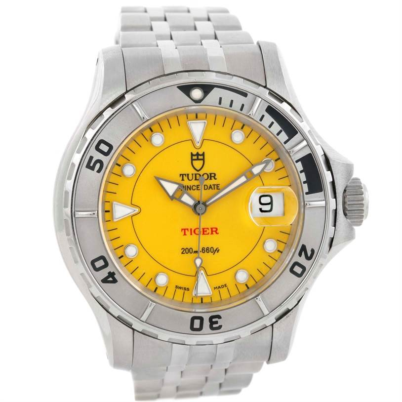 The image shows a Tudor Hydronaut 89190 Men
s Stainless Steel Yellow Dial 89190 Men
s Stainless Steel Yellow Dial watch from a front angle, highlighting the yellow dial, bezel, and bracelet.