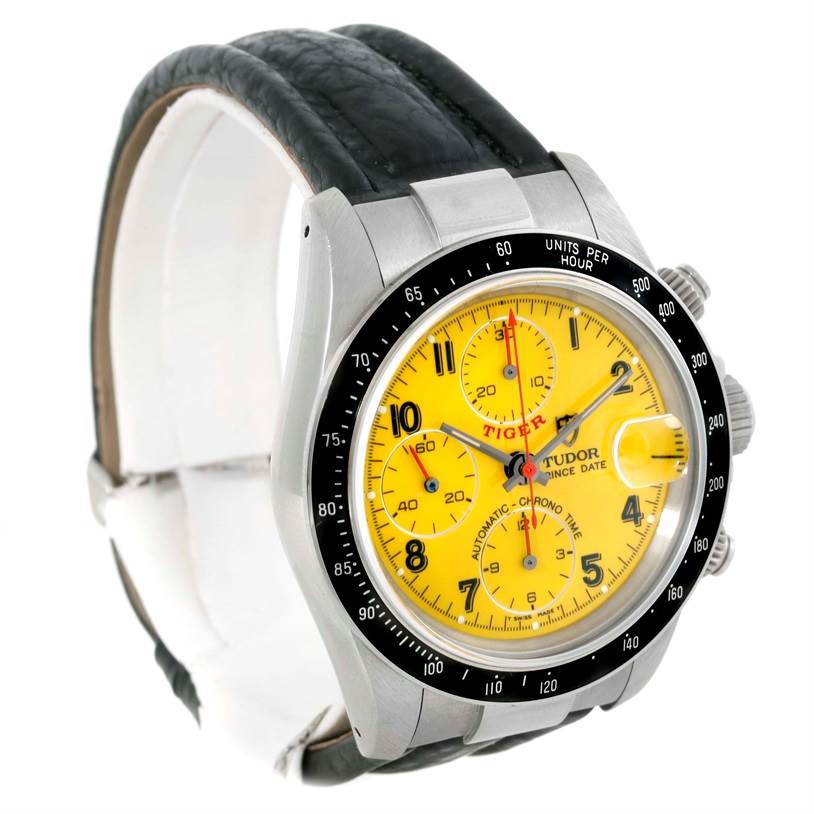 This image displays a Tudor Prince watch with a yellow dial, black leather strap, and side view showing the bezel and chronograph pushers.