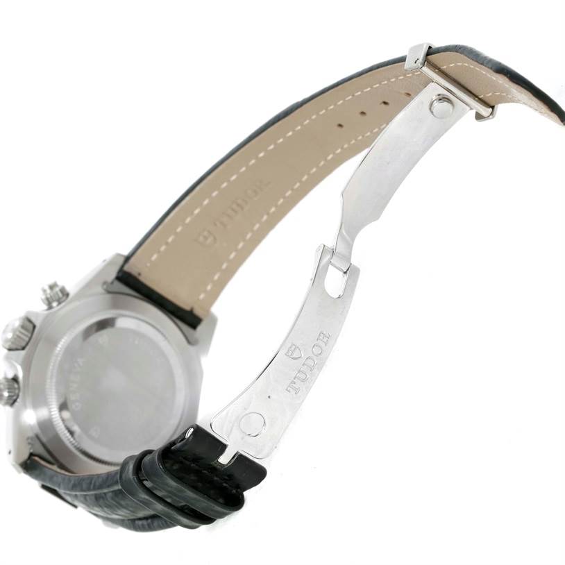 The image shows the back and interior of the strap of a Tudor Prince model watch, highlighting the clasp and part of the caseback.