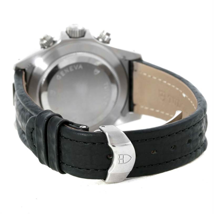 This image shows the rear view of the Tudor Prince watch, highlighting the case back and black leather strap with a clasp.