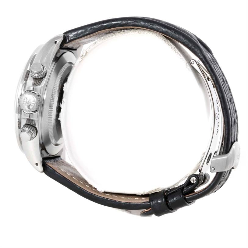 The image shows a side view of the Tudor Prince model watch, displaying its crown, pushers, and leather strap.