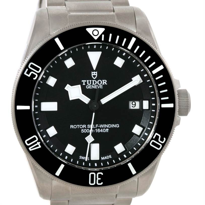 The image shows a front view of the Tudor Pelagos 25500TN Men's Titanium Black Dial 25500TN Men's Titanium Black Dial watch, focusing on its face, bezel, and part of the bracelet.