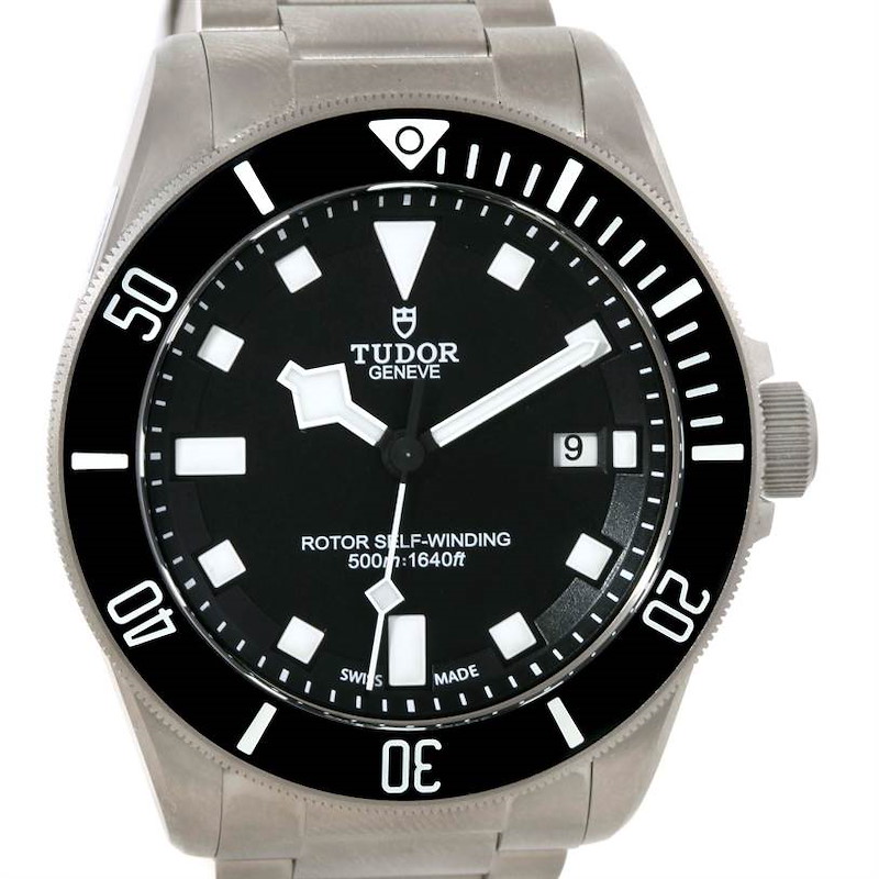 The image shows a front view of the Tudor Pelagos watch, focusing on its face, bezel, and part of the bracelet.