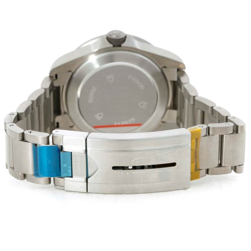 This image shows the back of the Tudor Pelagos 25500TN Men's Titanium Black Dial 25500TN Men's Titanium Black Dial watch and its closed bracelet clasp.