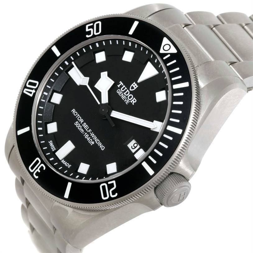 This image shows a close-up, angled view of the Tudor Pelagos 25500TN Men's Titanium Black Dial 25500TN Men's Titanium Black Dial watch face and part of the bracelet.