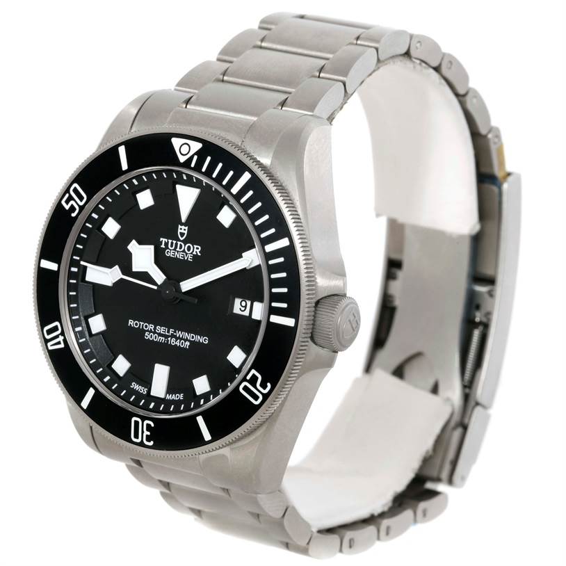 The image shows the Tudor Pelagos 25500TN Men's Titanium Black Dial 25500TN Men's Titanium Black Dial watch at an angled front view, highlighting the dial, bezel, case, and bracelet.