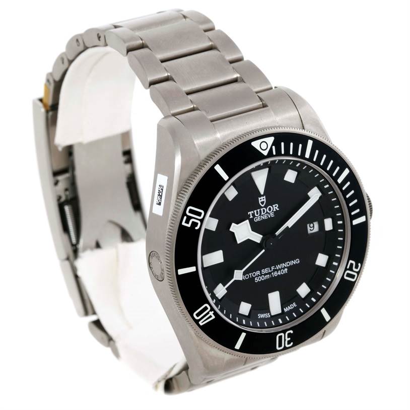 This image shows a Tudor Pelagos 25500TN Men's Titanium Black Dial 25500TN Men's Titanium Black Dial watch from a front-left angle, highlighting the dial, bezel, and part of the bracelet.