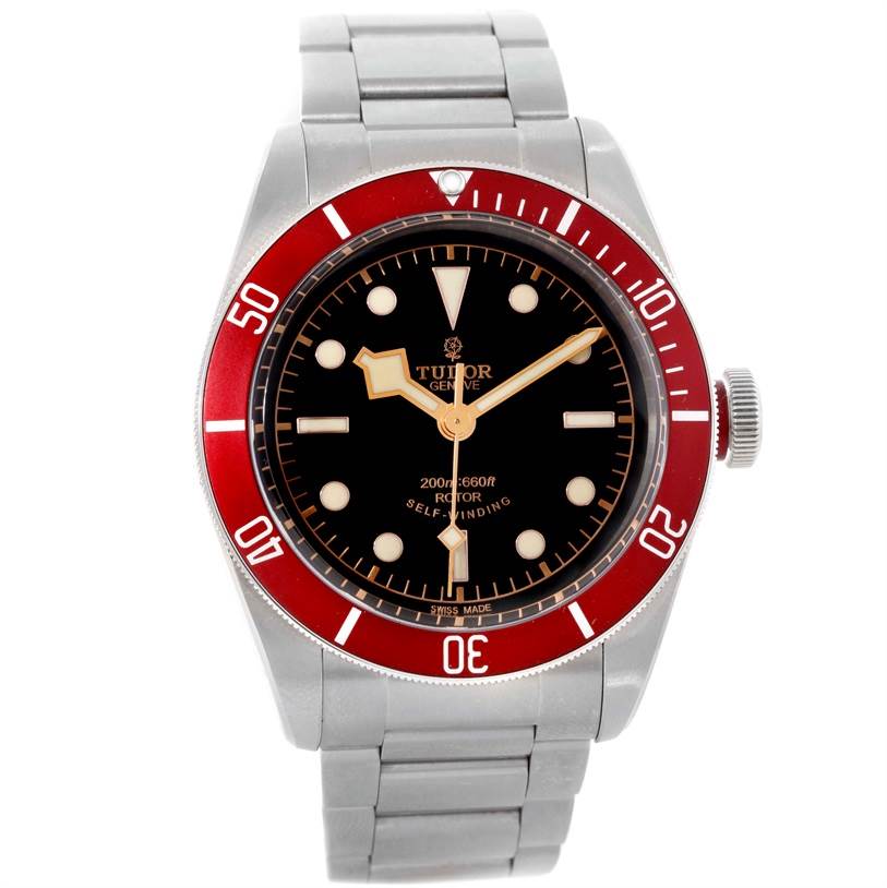 This image shows a front view of a Tudor Heritage Black Bay 79220R Men's Stainless Steel Black Dial 79220R Men's Stainless Steel Black Dial watch, displaying the dial, bezel, and stainless steel bracelet.