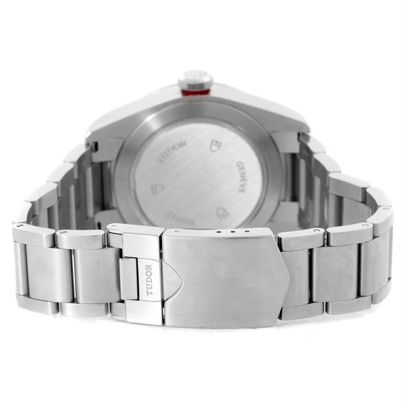 This image shows the back view of the Tudor Heritage Black Bay 79220R Men's Stainless Steel Black Dial 79220R Men's Stainless Steel Black Dial watch, highlighting its clasp, bracelet, and case back.