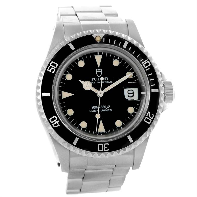 The image shows a Tudor Submariner 79090 Men's Stainless Steel Black Dial 79090 Men's Stainless Steel Black Dial watch from a front angle, displaying its dial, bezel, bracelet, and crown.