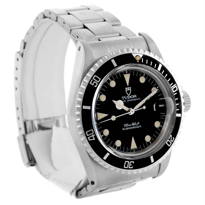 The Tudor Submariner 79090 Men's Stainless Steel Black Dial 79090 Men's Stainless Steel Black Dial watch is shown at a slight angle, highlighting the dial, bezel, crown, and bracelet.