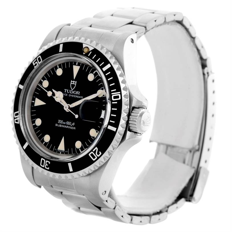 The image shows a Tudor Submariner 79090 Men's Stainless Steel Black Dial 79090 Men's Stainless Steel Black Dial watch at an oblique angle, displaying the bezel, dial, crown, and part of the bracelet.