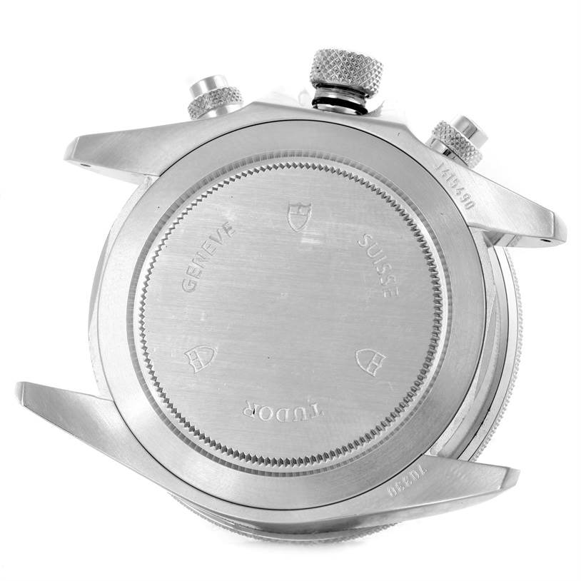 The image shows the back of a Tudor Heritage Chrono 70330N-95740 Men's Stainless Steel Grey Dial 70330N-95740 Men's Stainless Steel Grey Dial watch including the case back, lugs, and chronograph pushers.