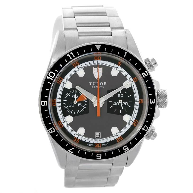 The image shows a front view of the Tudor Heritage Chrono 70330N-95740 Men's Stainless Steel Grey Dial 70330N-95740 Men's Stainless Steel Grey Dial watch, highlighting its dial, sub-dials, bezel, and bracelet.