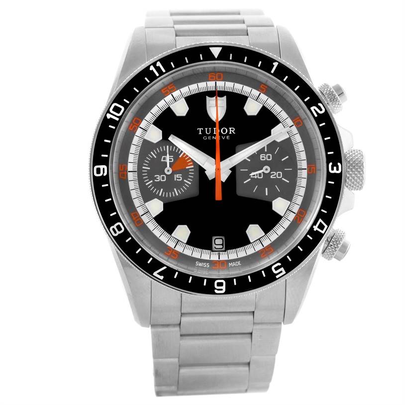 The image shows a frontal view of the Tudor Heritage Chrono 70330N-95740 Men's Stainless Steel Black Dial 70330N-95740 Men's Stainless Steel Black Dial watch, highlighting its dial, bezel, case, and bracelet.