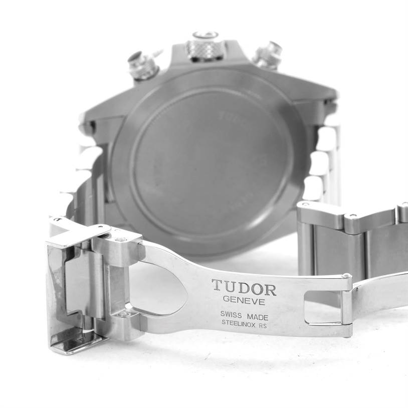 The image shows the back case and deployment clasp of a Tudor Heritage Chrono 70330N-95740 Men's Stainless Steel Black Dial 70330N-95740 Men's Stainless Steel Black Dial watch.