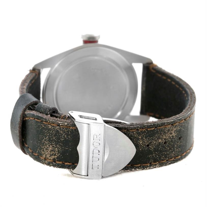 The image shows the back of the Tudor Heritage Black Bay 79220R Men's Stainless Steel Black Dial 79220R Men's Stainless Steel Black Dial watch, focusing on the clasp and strap.