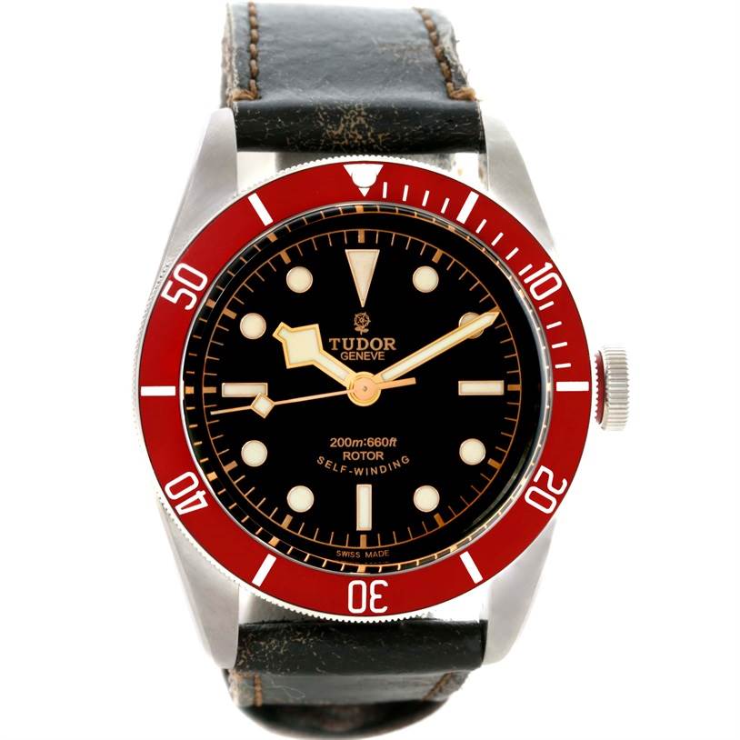 The image shows a Tudor Heritage Black Bay 79220R Men's Stainless Steel Black Dial 79220R Men's Stainless Steel Black Dial watch, viewed from the front, highlighting the dial, bezel, and leather strap.