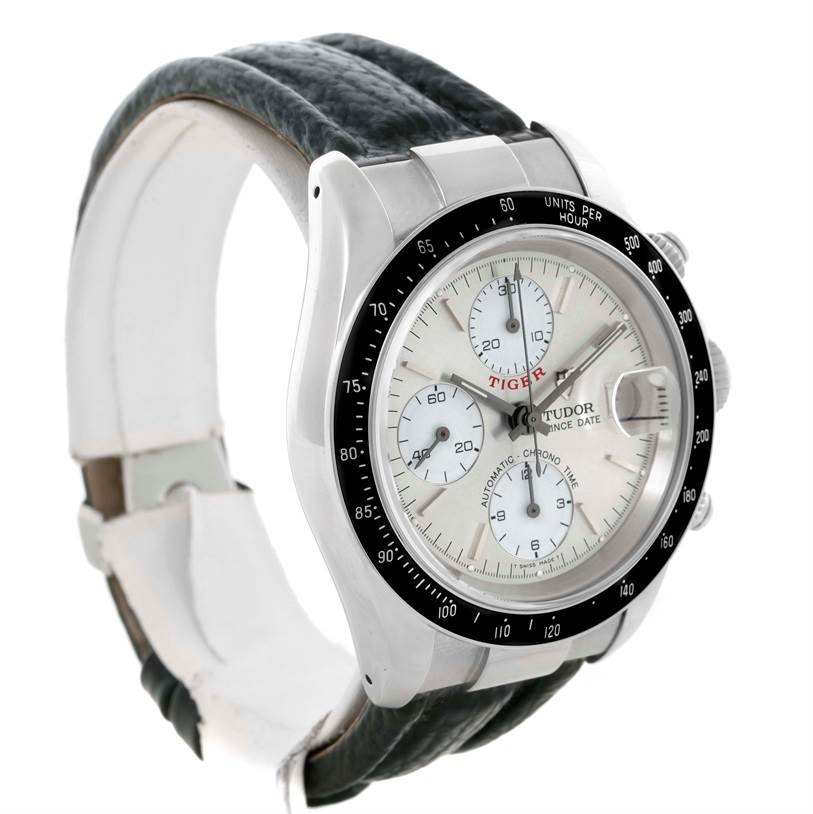 This image shows a Tudor Prince model watch at a three-quarter angle, highlighting the face, bezel, and leather strap.