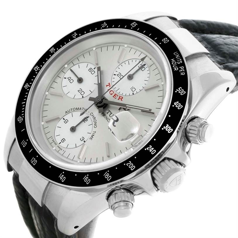 The Tudor Prince model watch is shown at an angled close-up, highlighting its dial, chronograph dials, bezel, and pushers.