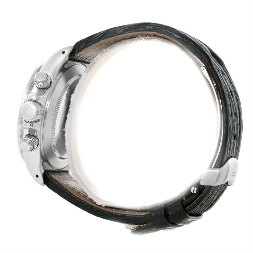 The image shows a side view of the Tudor Prince watch, highlighting the crown, pushers, and part of the leather strap.