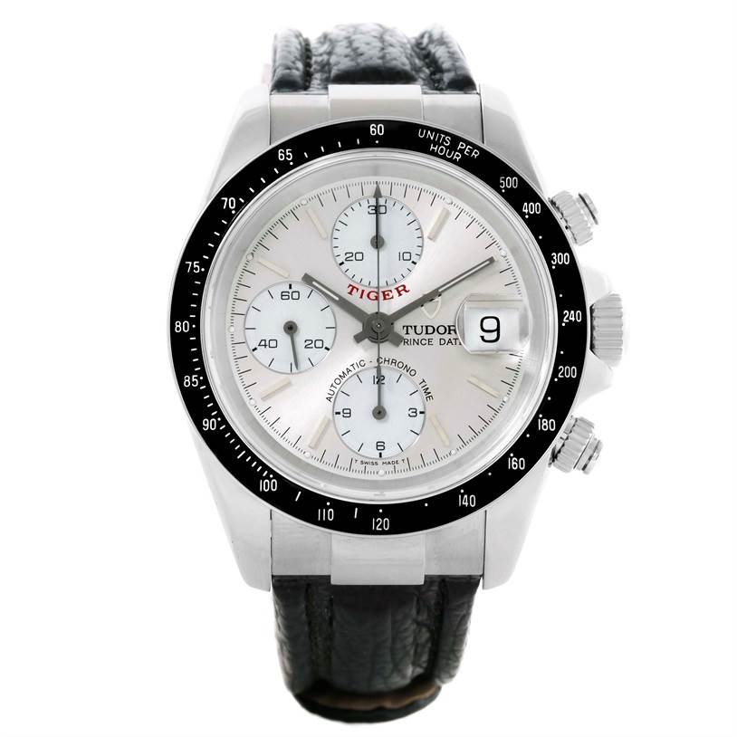 The image shows a Tudor Prince model watch, featuring a leather strap, chronograph dials, and a date display.