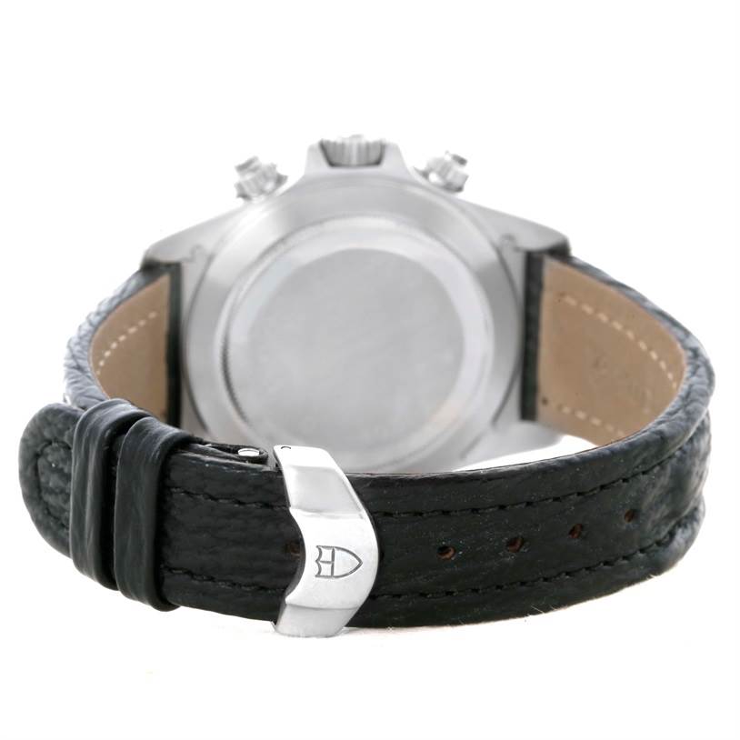 The image shows the back of a Tudor Prince model watch with a black leather strap and stainless steel caseback.