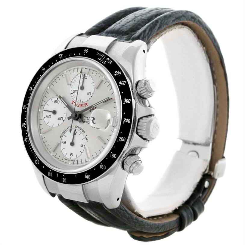 The image shows a Tudor Prince model watch from an angled front view, highlighting the dial, bezel, crown, and leather strap.