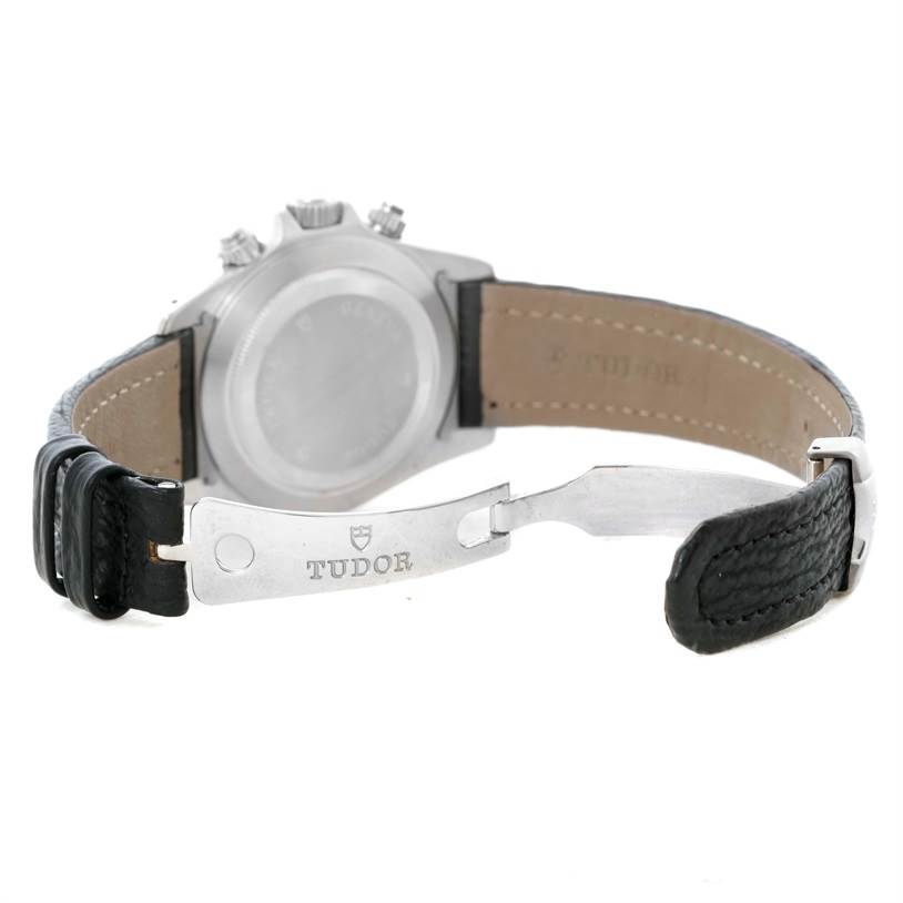 The image shows the back of the Tudor Prince watch with its leather strap and deployment clasp in the open position.