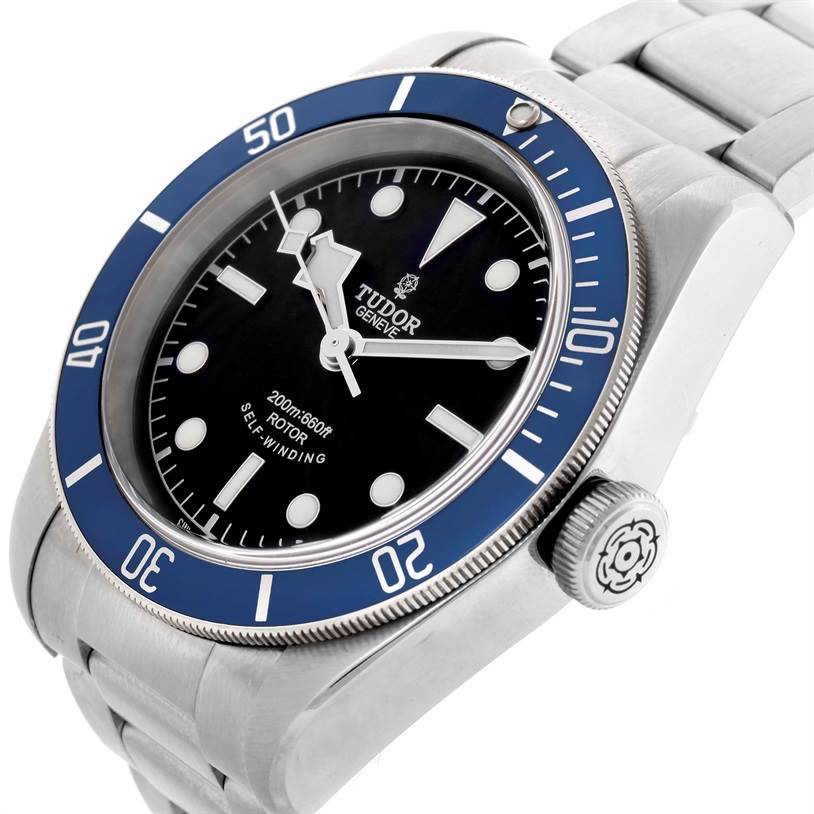 The image shows a Tudor Heritage Black Bay 79220 Men's Stainless Steel Black Dial 79220 Men's Stainless Steel Black Dial watch at a slight angle, highlighting the face, bezel, crown, and bracelet.