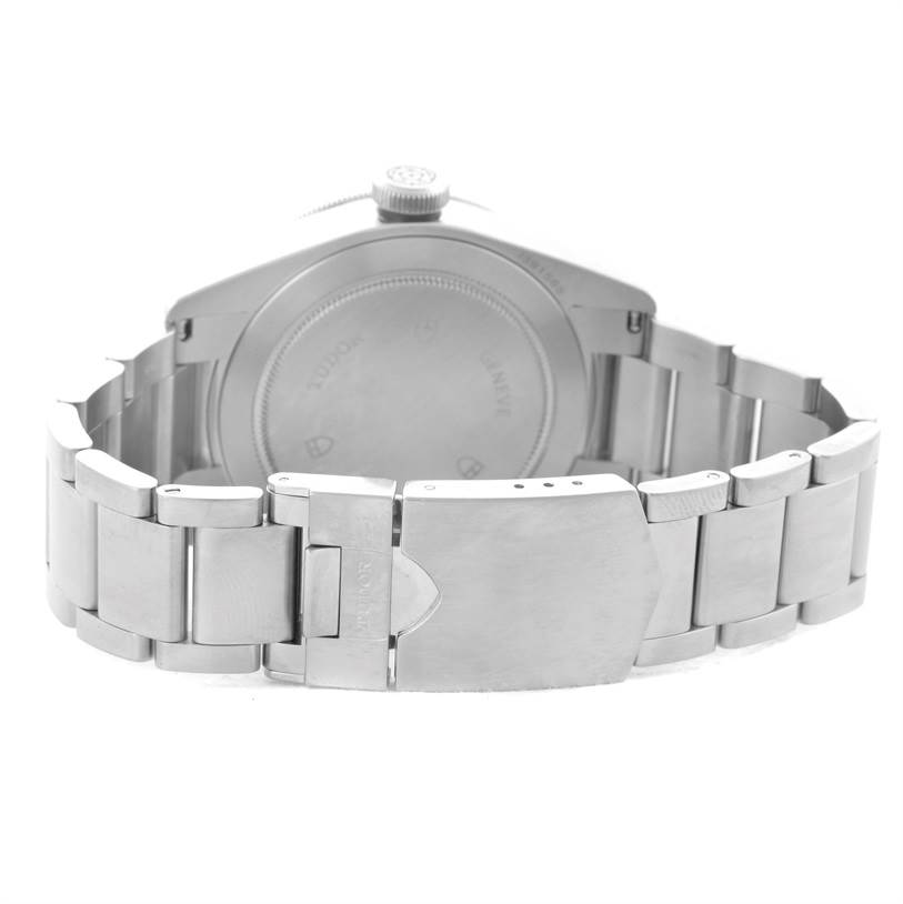 This image shows the back view of the Tudor Heritage Black Bay 79220 Men's Stainless Steel Black Dial 79220 Men's Stainless Steel Black Dial watch, focusing on the case back and metal bracelet clasp.