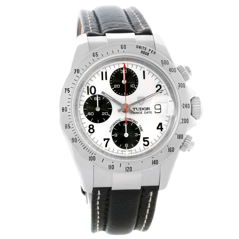 The Tudor Tiger 79273 Men's Stainless Steel White Dial 79273 Men's Stainless Steel White Dial model watch is shown from a front angle, displaying the dial, bezel, and leather strap.
