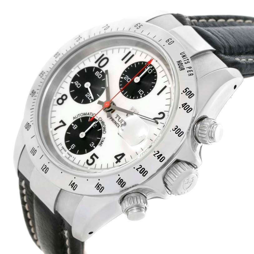 The Tudor Tiger 79273 Men's Stainless Steel White Dial 79273 Men's Stainless Steel White Dial watch is shown at an angle displaying the dial, bezel, crown, pushers, and part of the strap.