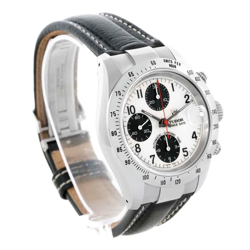 The image shows a Tudor Tiger 79273 Men's Stainless Steel White Dial 79273 Men's Stainless Steel White Dial model watch at a front angle, highlighting the dial, chronograph, bezel, and leather strap.