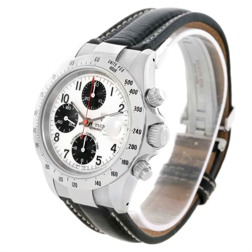 The Tudor Tiger 79273 Men's Stainless Steel White Dial 79273 Men's Stainless Steel White Dial model watch is shown at a slight angle, highlighting the face, bezel, pushers, and leather strap.