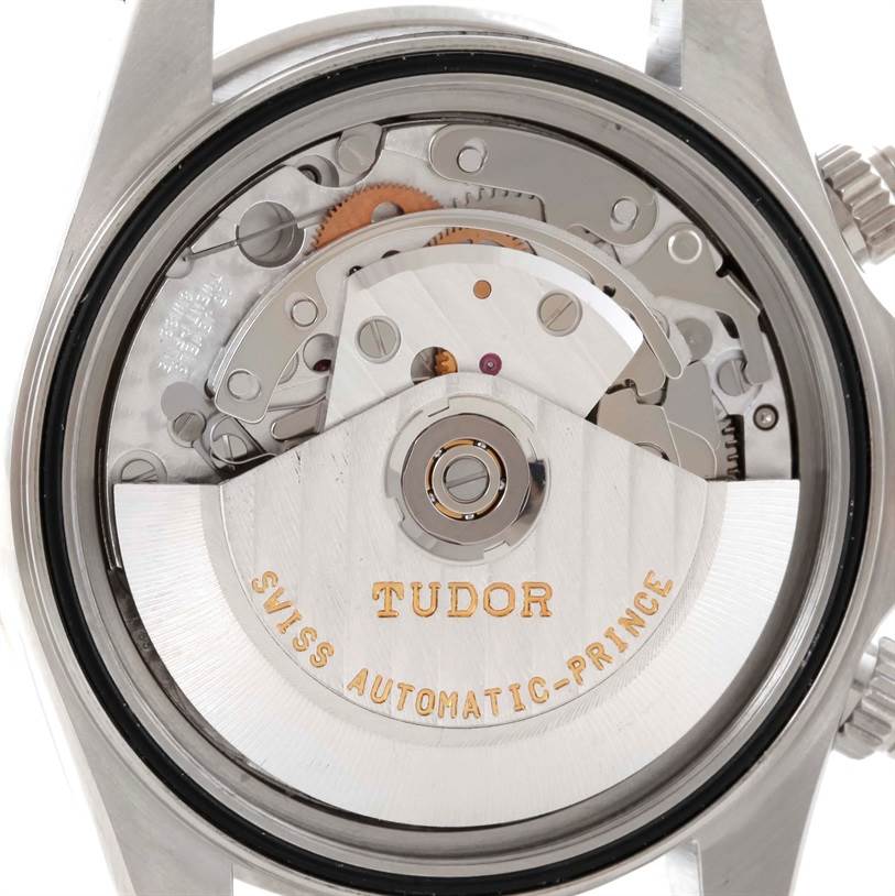 This image shows the back view of the Tudor Tiger 79273 Men's Stainless Steel White Dial 79273 Men's Stainless Steel White Dial model watch, highlighting its automatic movement and rotor.