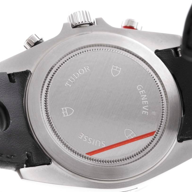 The image shows the case back and crown of a Tudor Grantour 20550N Men's Stainless Steel Grey Dial 20550N Men's Stainless Steel Grey Dial watch from a rear angle.