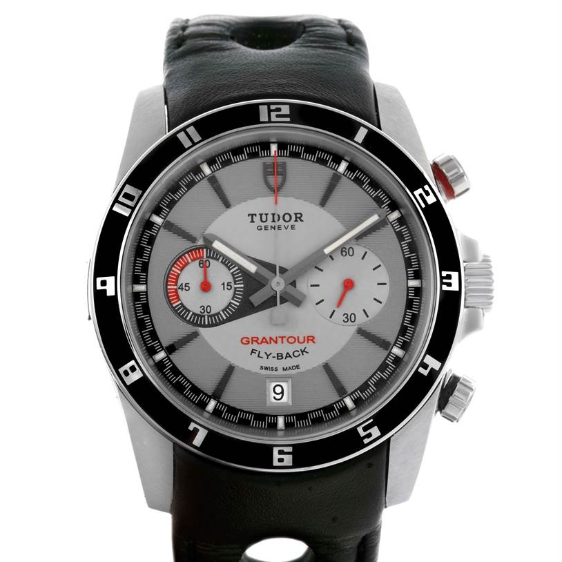 The Tudor Grantour 20550N Men's Stainless Steel Grey Dial 20550N Men's Stainless Steel Grey Dial watch is shown from a front angle, displaying the dial, chronograph subdials, and bezel.