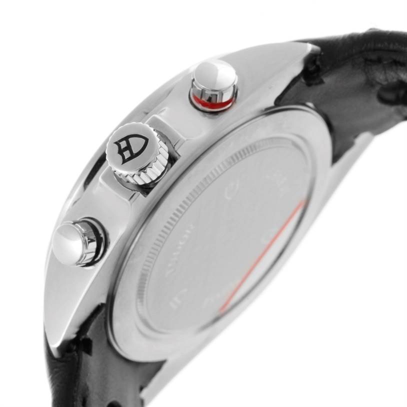 The image shows a side view of the Tudor Grantour 20550N Men's Stainless Steel Grey Dial 20550N Men's Stainless Steel Grey Dial watch highlighting its crown and chronograph pushers.